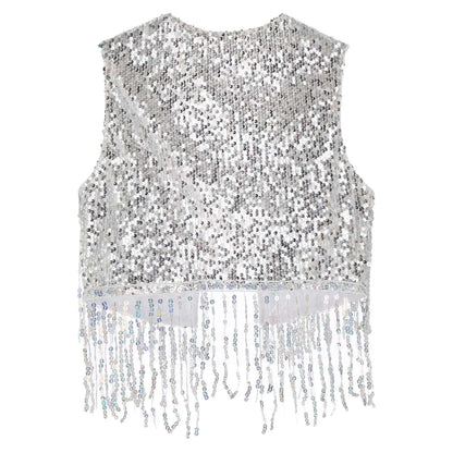 Mens Cowboy Western Costume Shiny Vintage 70s Disco Costumes Fringe Sequin Waistcoat Sleeveless Open Front Cropped Vest Cardigan