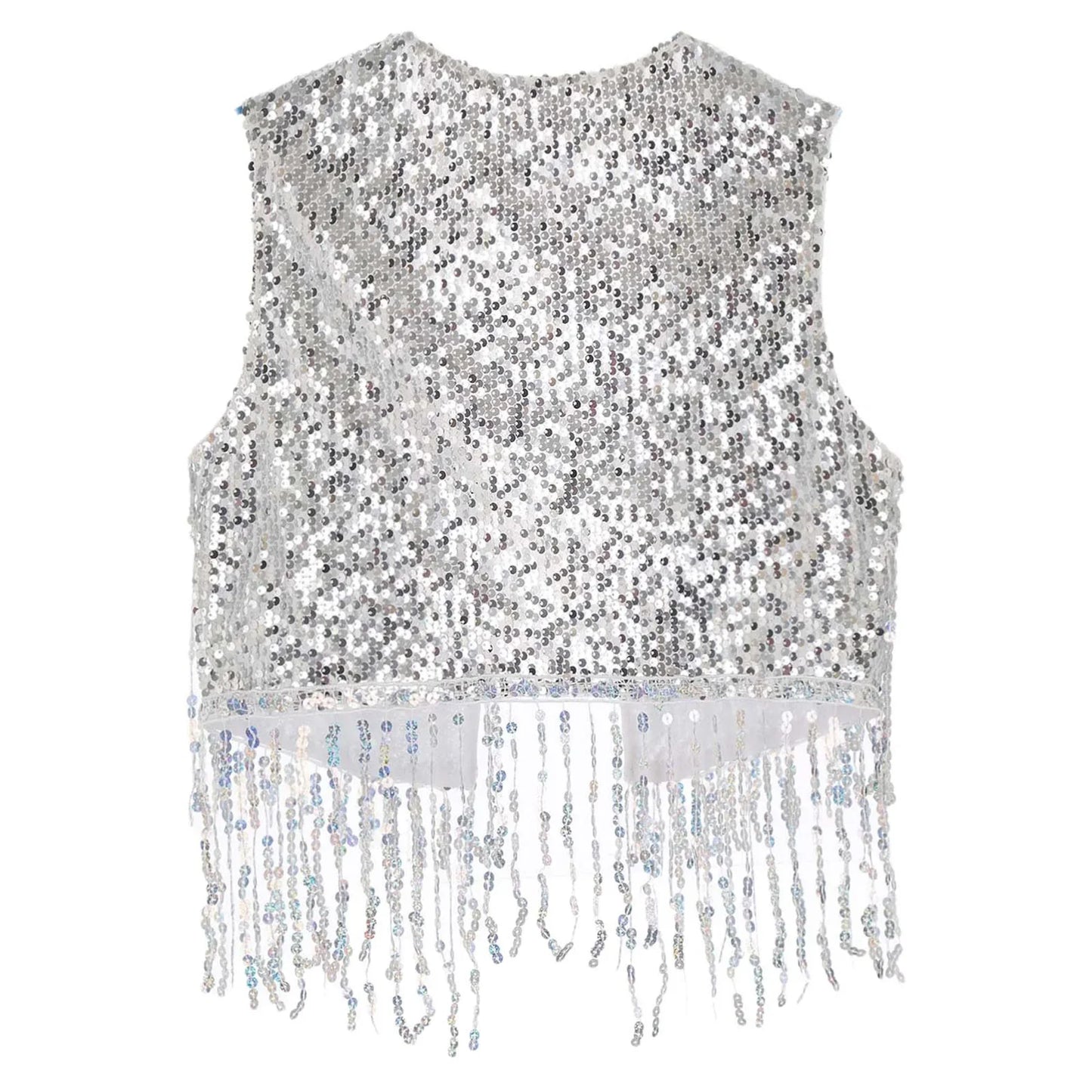 Mens Cowboy Western Costume Shiny Vintage 70s Disco Costumes Fringe Sequin Waistcoat Sleeveless Open Front Cropped Vest Cardigan