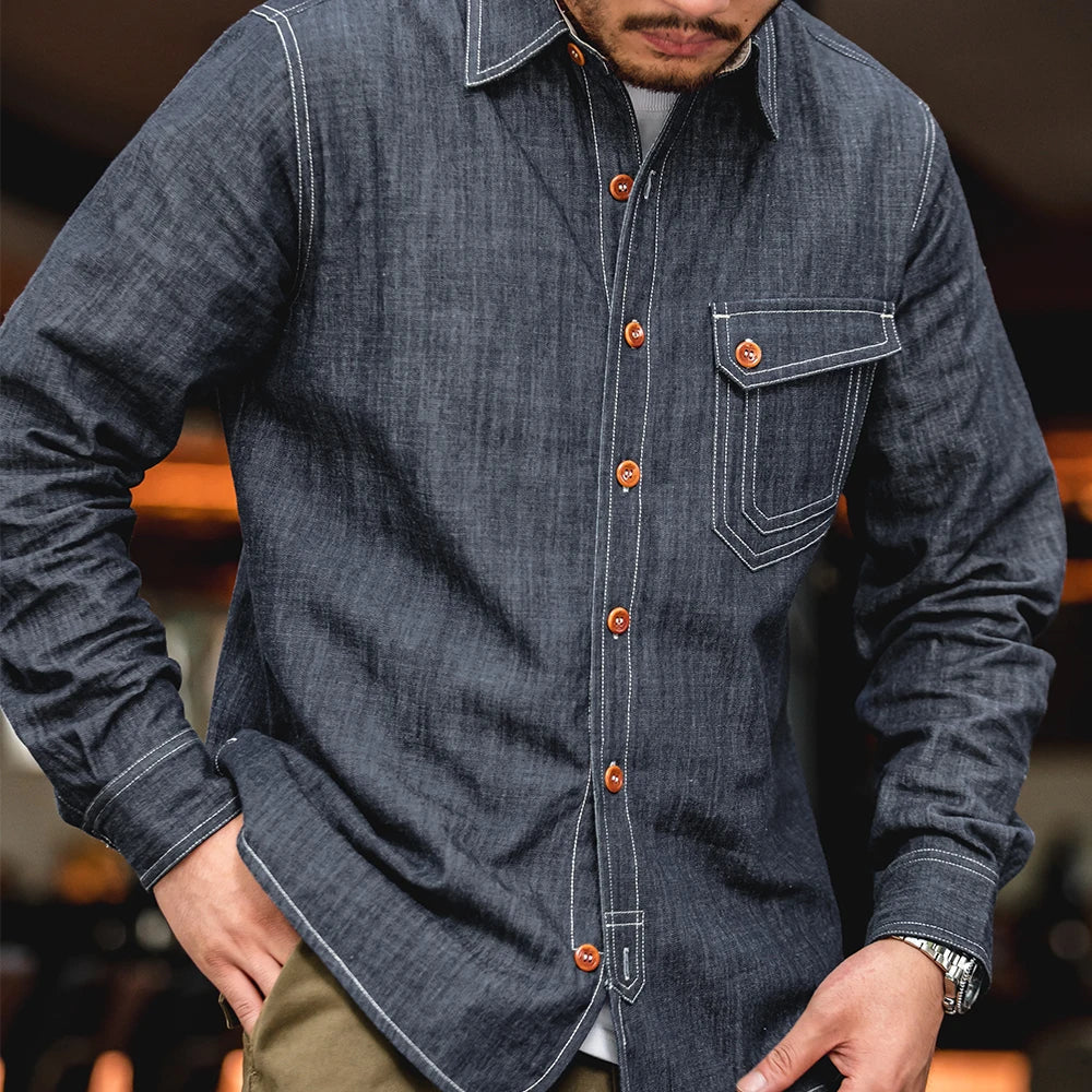 Maden Men Vintage Long Sleeve Western Cowboy Denim Shirt Outerwear Tough Guy Shirt Men's Cotton Casual Shirt XXL XXXL