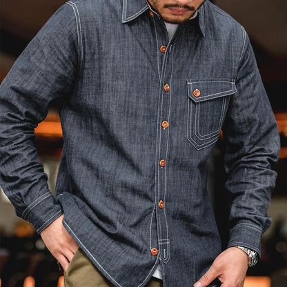 Maden Men Vintage Long Sleeve Western Cowboy Denim Shirt Outerwear Tough Guy Shirt Men's Cotton Casual Shirt XXL XXXL