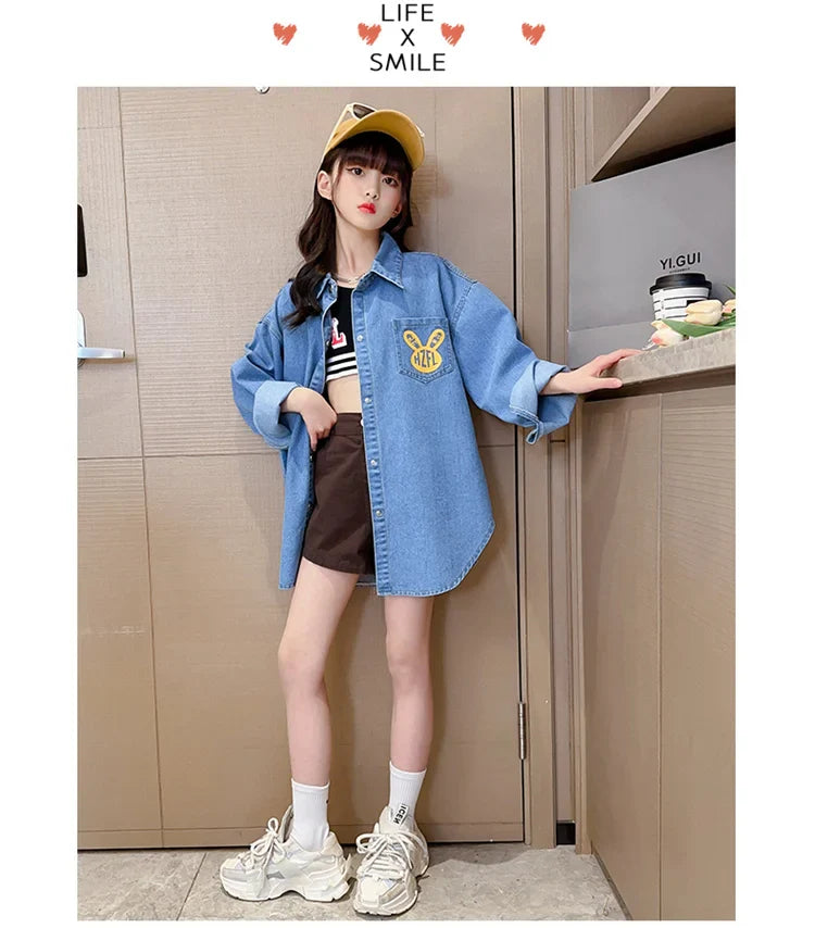Chemisiers en Denim de Cowgirl de haute couture avec imprimé de lapin pour adolescente, chemise en Denim ample et décontractée à manches longues pour enfants