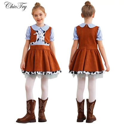 Kids Girls Western Cowboy Cowgirl Costume Halloween Cosplay Dress Puff Sleeve Cow Print Gingham A line Carnival Party Dress Up
