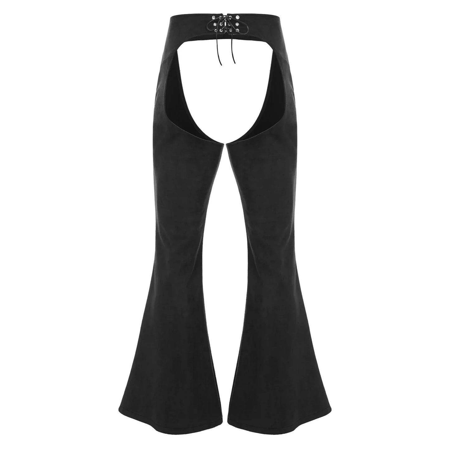 Womens Faux Suede Leather Cowboy Pants Vintage Adjustable Waist Hollow Out Bell Bottoms Biker Pants Riding Motorcycle Trousers