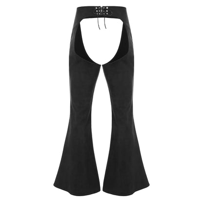 Womens Faux Suede Leather Cowboy Pants Vintage Adjustable Waist Hollow Out Bell Bottoms Biker Pants Riding Motorcycle Trousers