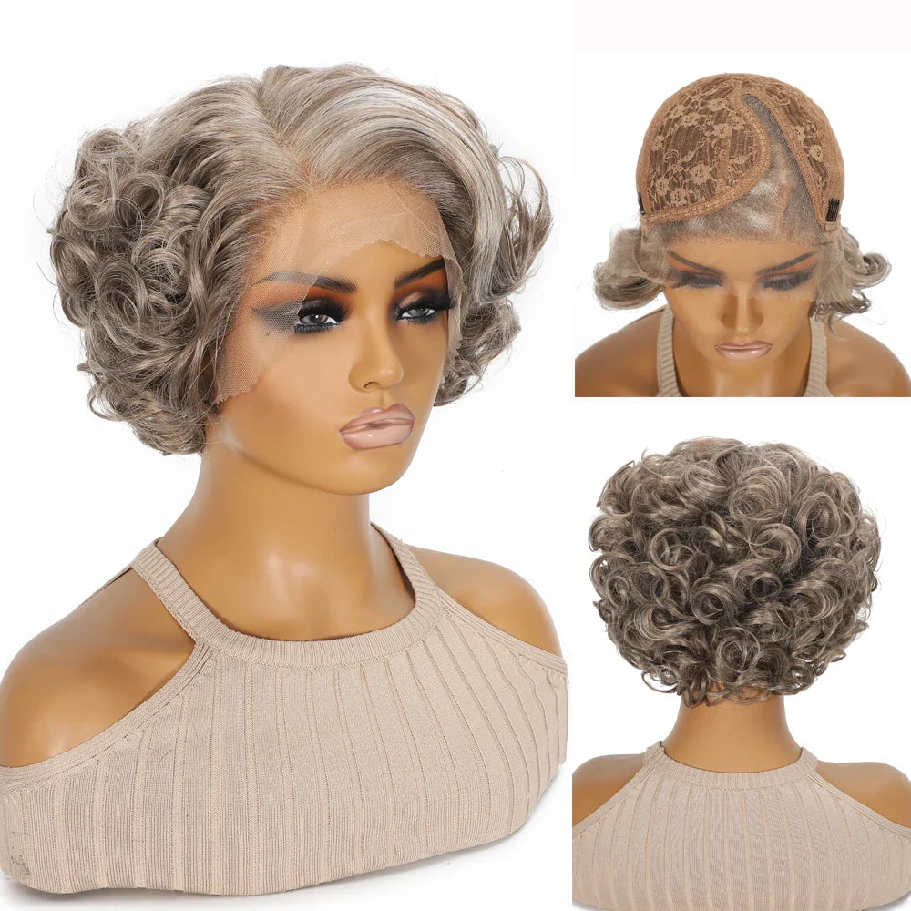 10 Inch Short Curly Wavy Blonde Black Grey Synthetic Wig for Women Natural Look T-Part Lace Front Hair Replacement