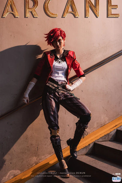 Costume de cosplay LoL Arcane Vi, perruque, uniforme, chaussures, tenues, combinaison d'Halloween et de carnaval pour femmes et hommes, haute qualité