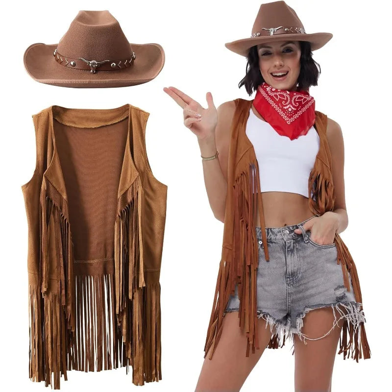 Women's Cowgirl Costume 3 Pcs Faux Suede Fringe Vest with Rivets Cowboy Hat Carnival Party Outfit Clubwear