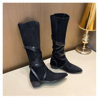 Matte Leather Gothic Western Cowboy Boots Women's Fashion Autumn New Style Pointed Toe Lace-up Retro High Top Flat Heel Boots