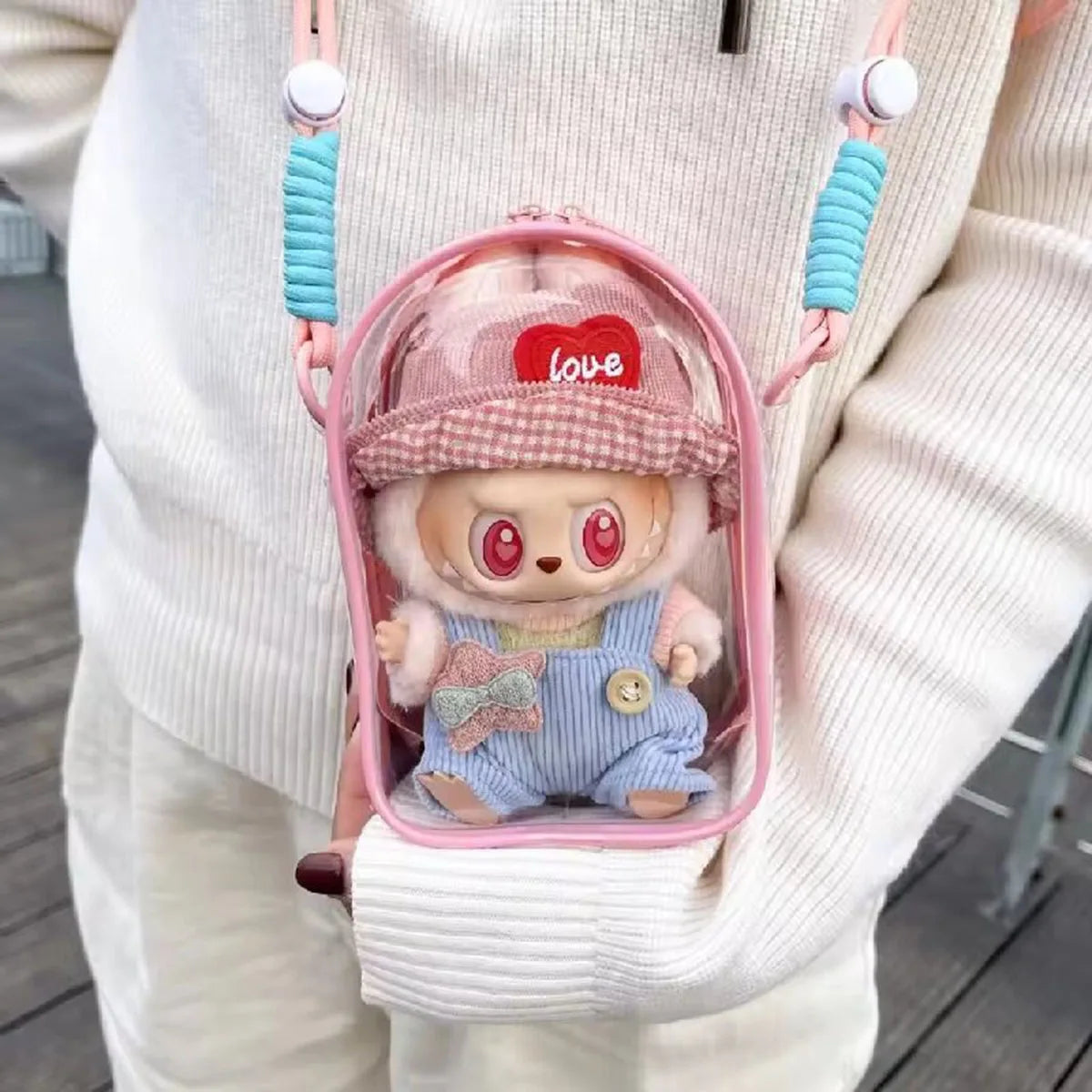 Pour sac bandoulière Labubu V2 de 15 cm en coton, sac de rangement en PVC, sac d'affichage pour poupées à pompon