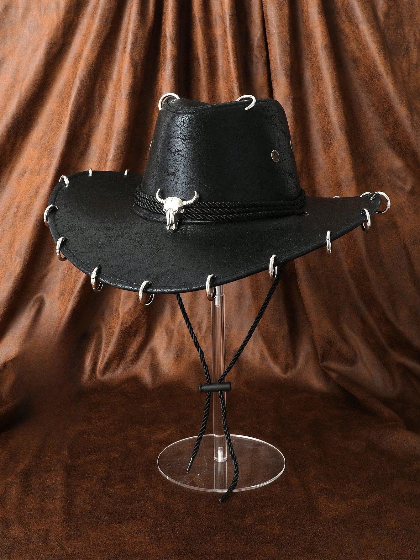 HongLuan – Chapeau de cowboy unisexe en cuir PU noir réglable, style occidental, idéal pour les voyages, avec badge tête de taureau, pour l'extérieur