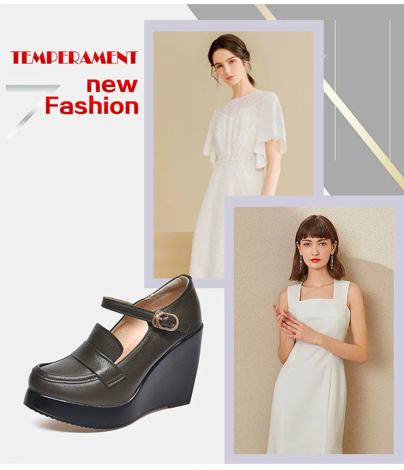 GKTINOO 2025 Compensées Chaussures Femme Printemps Automne À Enfiler Talons Hauts Bout Rond Cuir Véritable Décontracté Plateforme Dames Chaussures Femme