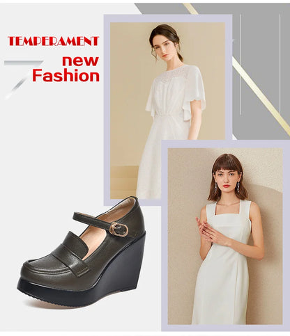 GKTINOO 2025 Compensées Chaussures Femme Printemps Automne À Enfiler Talons Hauts Bout Rond Cuir Véritable Décontracté Plateforme Dames Chaussures Femme