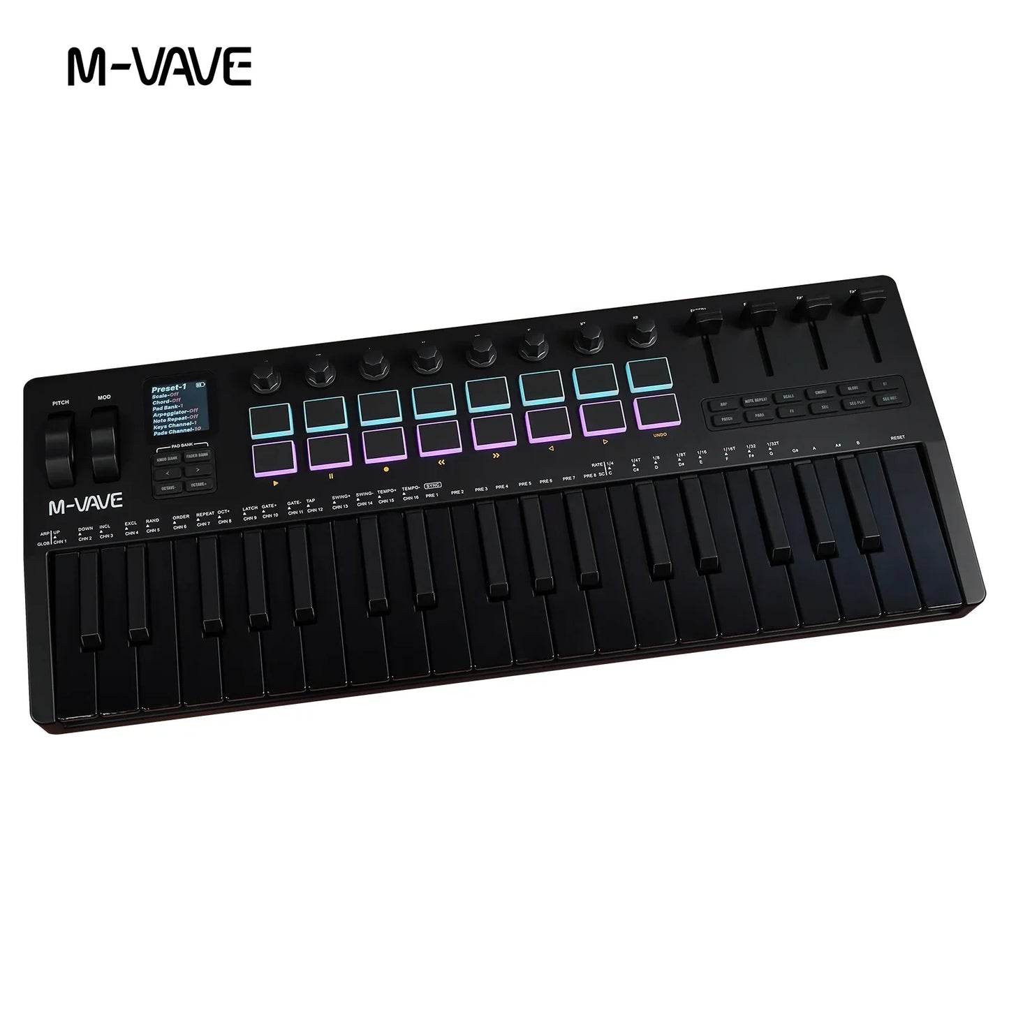 Clavier MIDI M-VAVE All Black PRO 37 touches, 16 tampons RGB, 4 faders, 8 encodeurs, moteur de synthétiseur FM DX-7 intégré, 5 couleurs en option