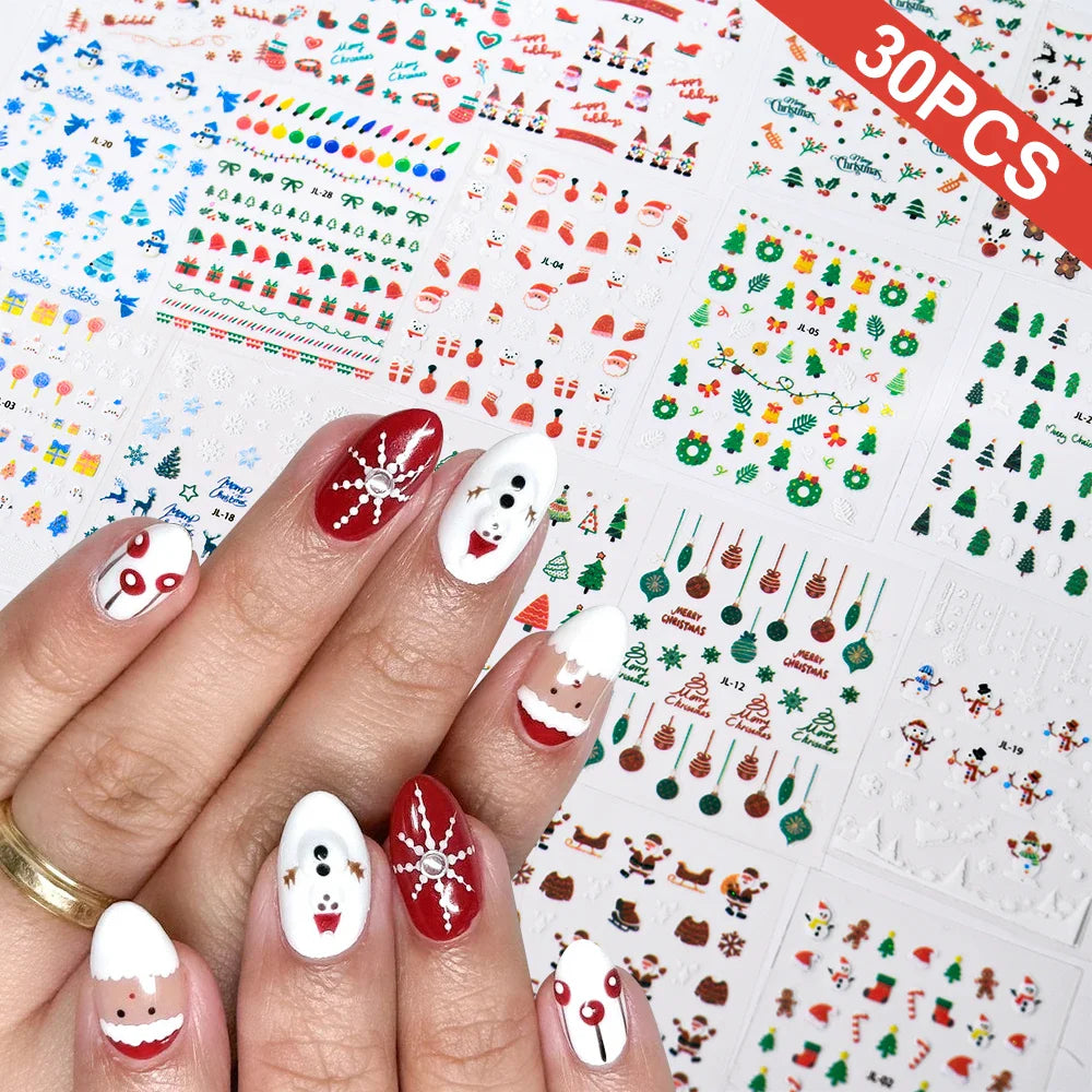 30Pcs Christmas Santa Claus 3D Nail Art Stickers Glitter Cartoon Snowflakes/Snowman/Pine Winter Sliders Xmas DIY Manicure Decals
