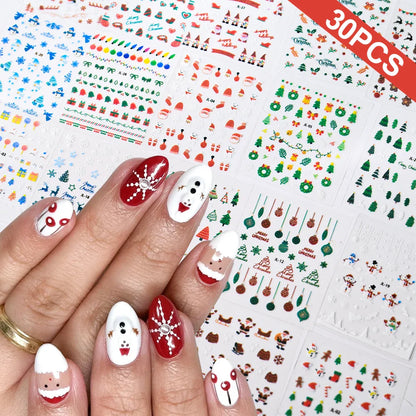 30Pcs Christmas Santa Claus 3D Nail Art Stickers Glitter Cartoon Snowflakes/Snowman/Pine Winter Sliders Xmas DIY Manicure Decals