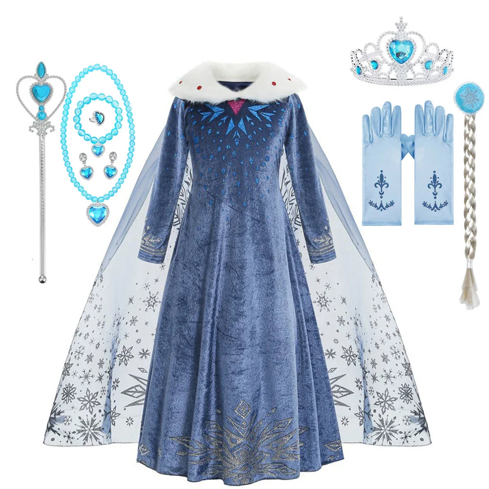Costume Elsa Fille Robe Bleue Manches Longues Enfants Cosplay Princesse Déguisement Fête d'Halloween Anniversaire