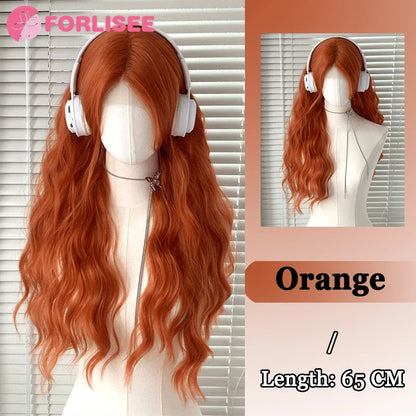 Pink Blonde Highlights Long Wavy Wig Synthetic Colorful Lolita Cosplay Hair Wigs with Bangs for Women Heat Resistant Daily Use
