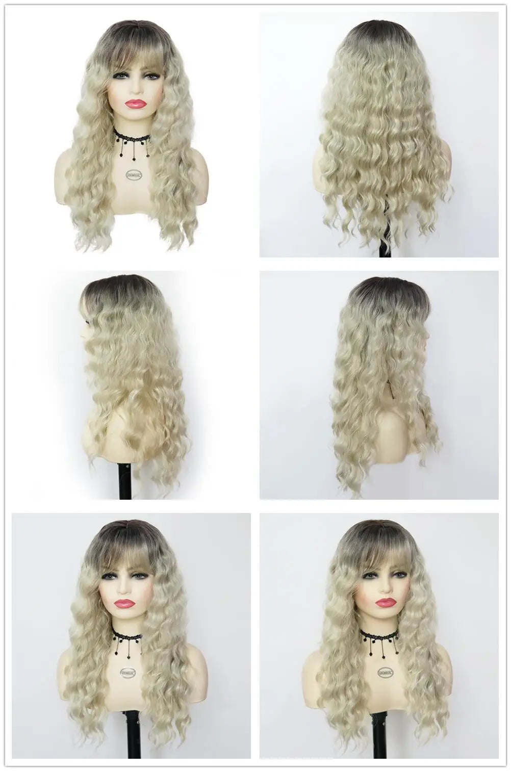 Perruque blonde bouclée cheveux synthétiques longs naturels perruques ondulées pour femmes blanches, raie libre, racines foncées, perruques ombrées, perruque ondulée tendance + autocollants