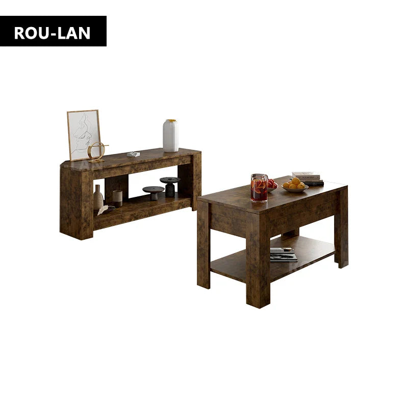 Table TV et Table basse relevable avec rangement, Table centrale relevable en bois rustique pour salon