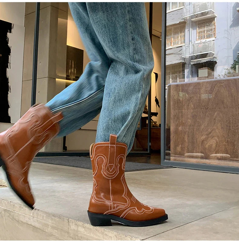 Ods Cowboy Western Boots For Women Real Leather Embroidered Pointed Toe Mid-calf Western Boot Retro Fashion Casual High Quality