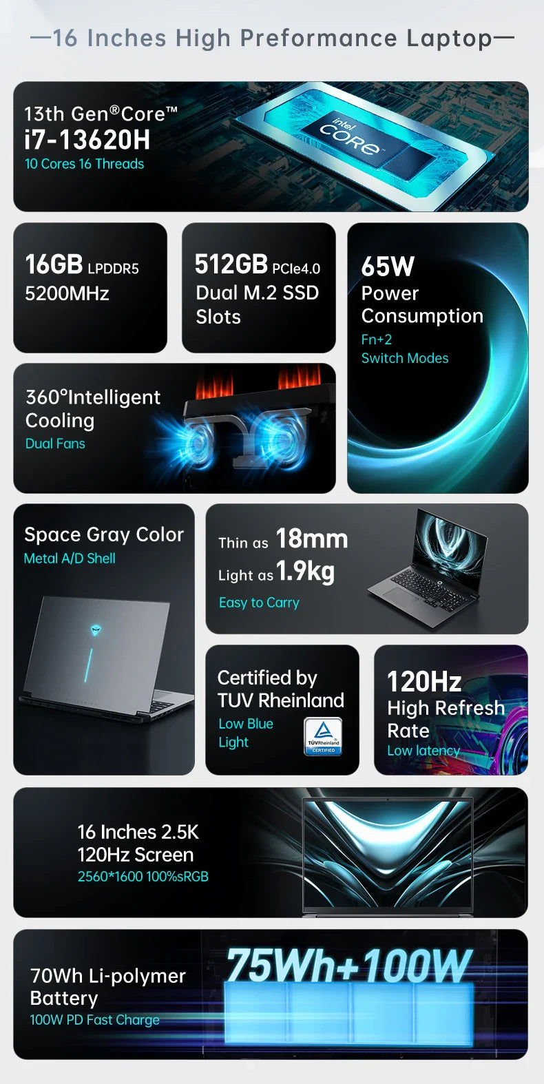 Pre Sale Machenike Laptop Light 16 Air intel core i7 13620H 16‘’ 2.5K 100%SRGB 120Hz 16G RAM DDR5 512G SSD Russian Keyboard