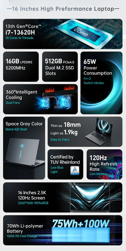 Pre Sale Machenike Laptop Light 16 Air intel core i7 13620H 16‘’ 2.5K 100%SRGB 120Hz 16G RAM DDR5 512G SSD Russian Keyboard