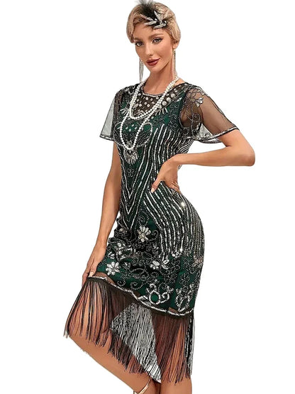 Flapper Dresses 1920s Gatsby Roaring 20s Sequin Beaded Fringe Dress Crew Neck See-through Themed Party Club Dress