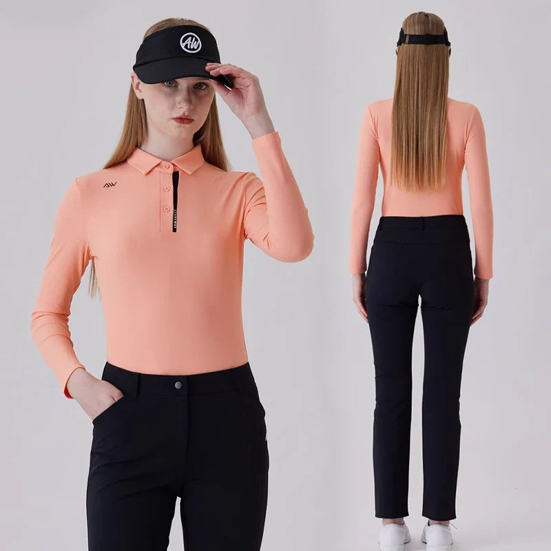 AW Golf Women's Simple Polo Shirt Long-sleeved T-shirt Quick-drying Breathable Sports Jersey Spring Autumn Golf Clothing Suit
