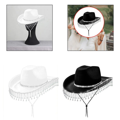 Chapeau de cowboy à large bord avec franges en strass pour femme, accessoire de fête, de cosplay, pour les fêtes, les spectacles en plein air