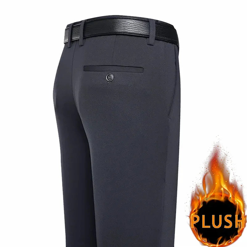 2024 Autumn Winter Men's Thick Warm Fleece Pants Plush Smart Casual Suit Pants Loose Straight Navy Blue Black Pants Trousers