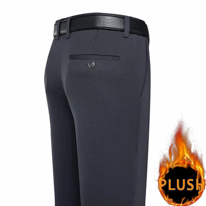 2024 Autumn Winter Men's Thick Warm Fleece Pants Plush Smart Casual Suit Pants Loose Straight Navy Blue Black Pants Trousers