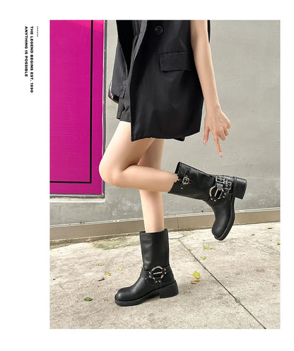 Designer Luxury Brand Retro Real Leather Brown Cropped Cowboy Boots Chunky Heel Sleeve Square Punk Style Botas Mujer Hot Selling