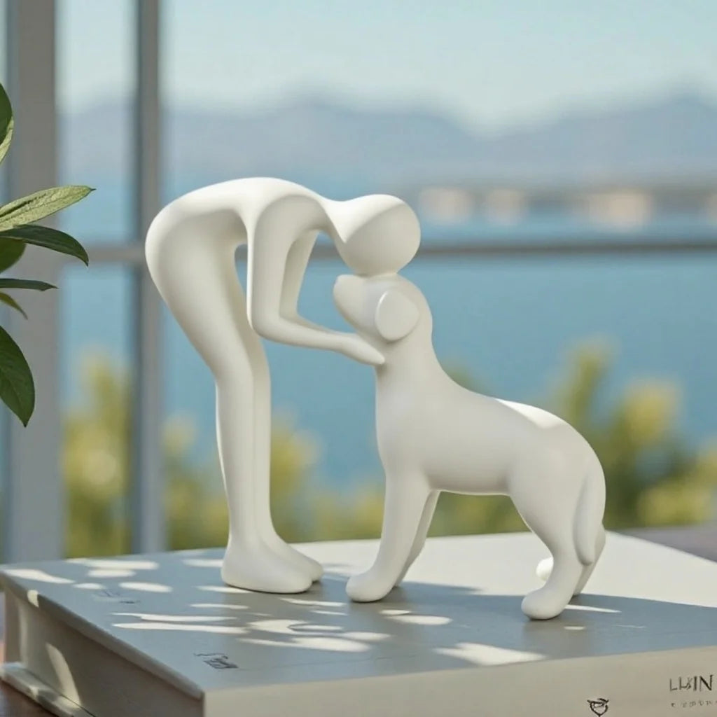 Une statue de chien noir et de propriétaire élégante et simple, un cadeau chaleureux pour les amoureux des animaux de compagnie et une décoration de table pour la maison qui n'est pas facile à casser