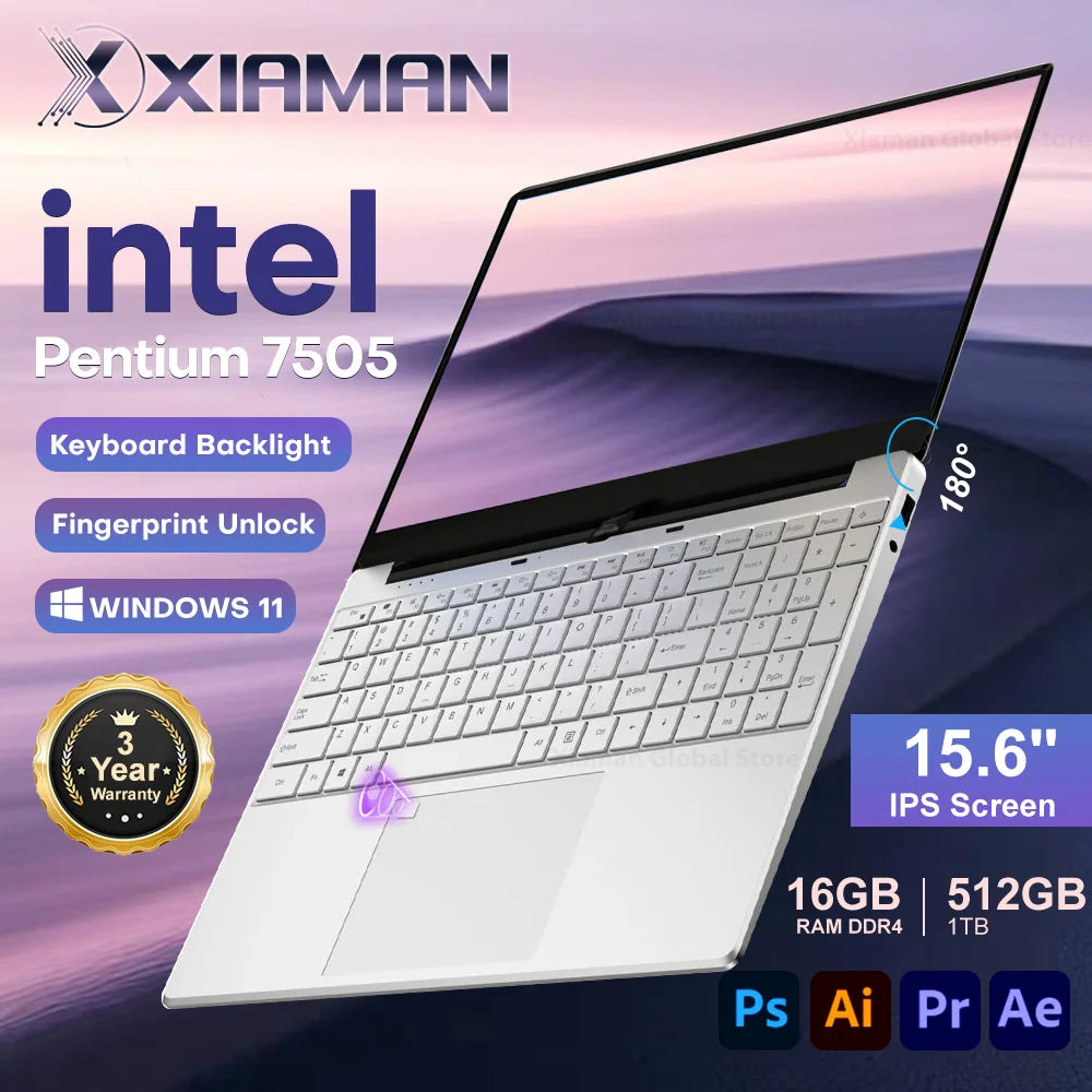 Xiaman Ordinateur portable 15,6" Intel Pentium 7505 Windows 11 Dual Core PC portable portable pour gamer avec déverrouillage par empreinte digitale