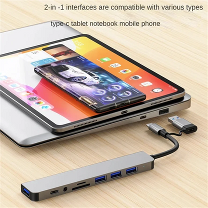 8 in 2 Docking Station USB Type C HUB with 3.5mm Audio Jack Adapter Micro SD Card Reader Laptop Tablet Phone Disk Converter