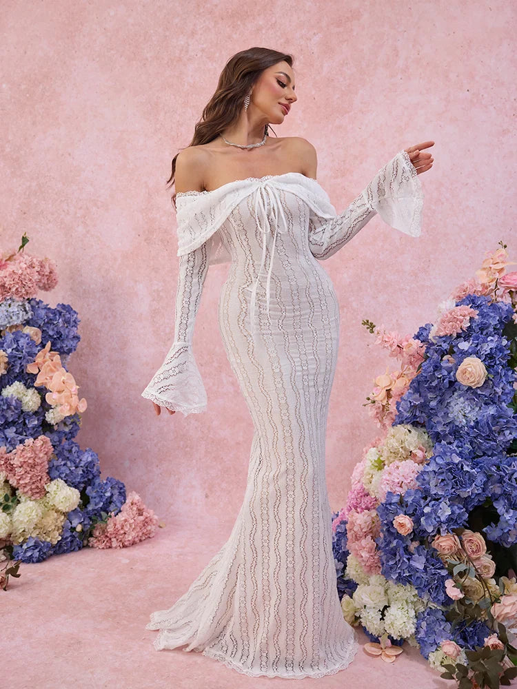 Suninheart Autumn Long Sleeve Off The Shoulder Bodycon Dress 2024 New Mermaid Wedding Guest Party Dresses for Women White Dress