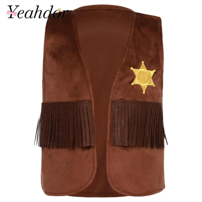Children's Hippie Cowboy Costume, Toddler Boys Girls Cowgirl Vest, Open Front Fringed Vest for Halloween Cosplay Theme Party Outfits