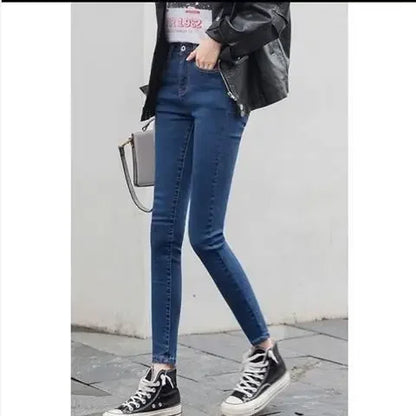 WinterFleece-Lined Thickened High-Waisted Jeans Women's Korean Style Black Slimming Trousers Student Elastic Long Pants