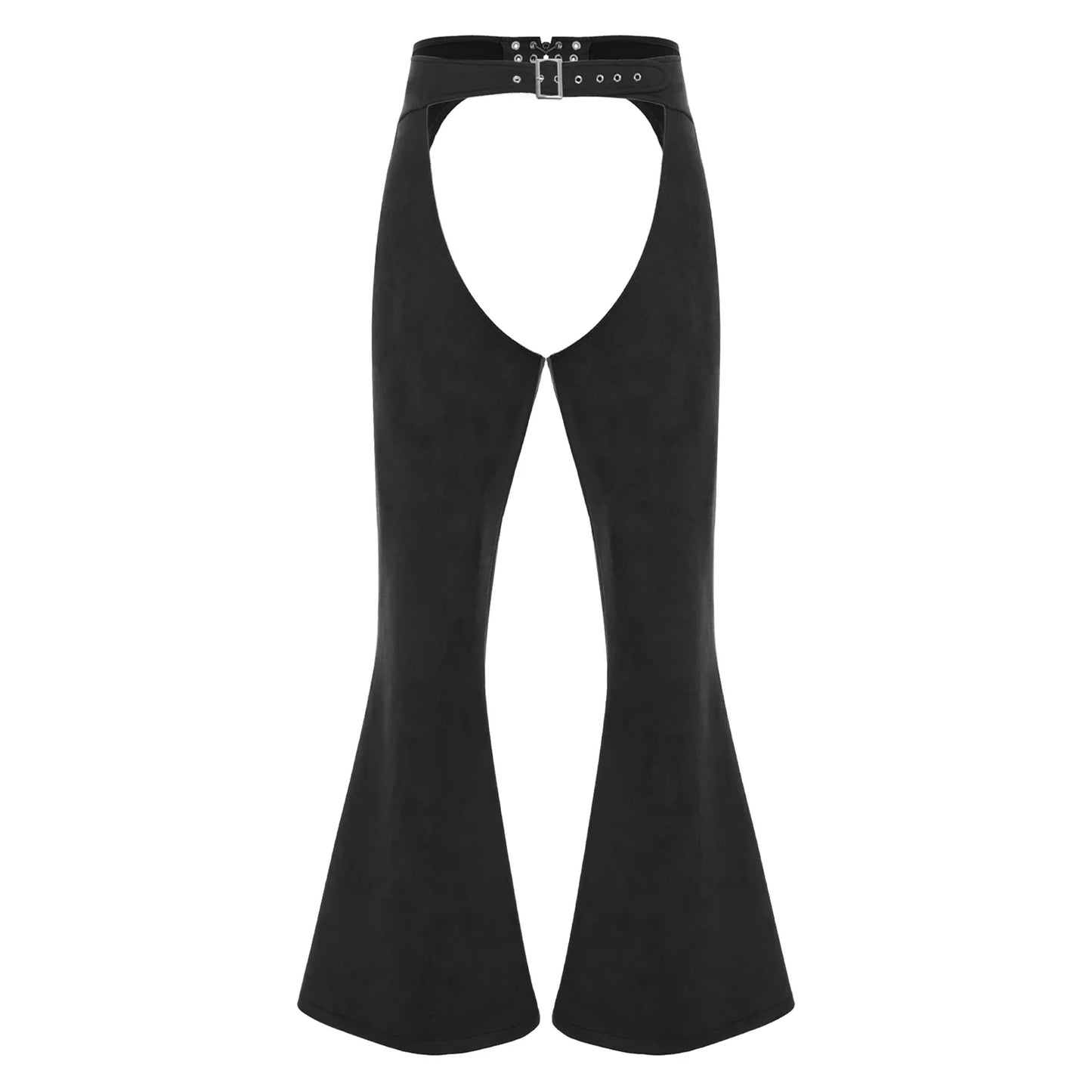 Womens Faux Suede Leather Cowboy Pants Vintage Adjustable Waist Hollow Out Bell Bottoms Biker Pants Riding Motorcycle Trousers