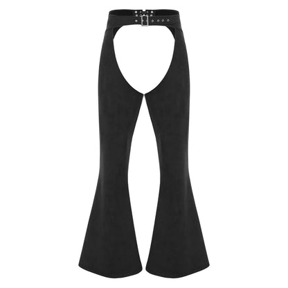 Womens Faux Suede Leather Cowboy Pants Vintage Adjustable Waist Hollow Out Bell Bottoms Biker Pants Riding Motorcycle Trousers