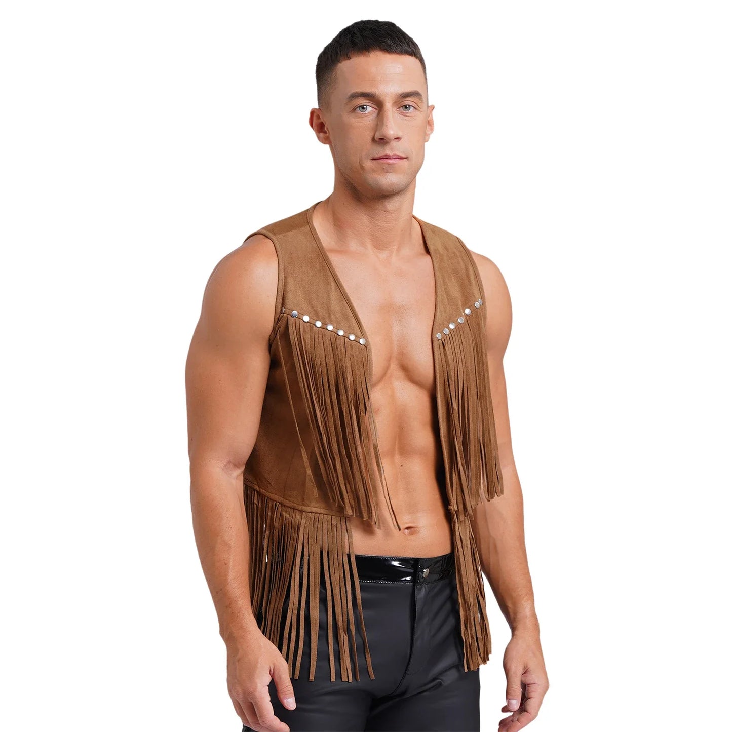 Men Halloween Western Cowboy Cosplay Costume Faux Suede Tassel Rivets Vest Waistcoat Motorcycling Rave Party Nightclub Outerwear