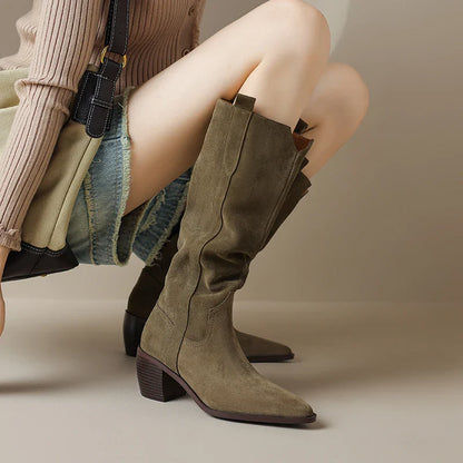 Bottes de Cowboy en Daim de Vache à Talons Hauts pour Femme, Style Vintage, Style Country Western, à la Mode, Automne Hiver