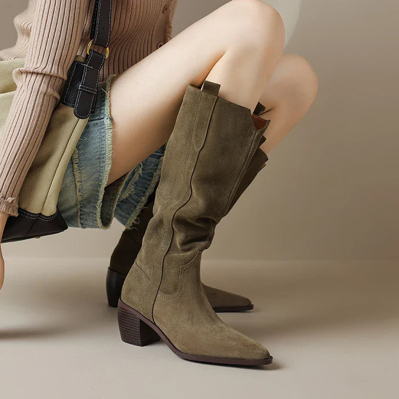 Bottes de Cowboy en Daim de Vache à Talons Hauts pour Femme, Style Vintage, Style Country Western, à la Mode, Automne Hiver