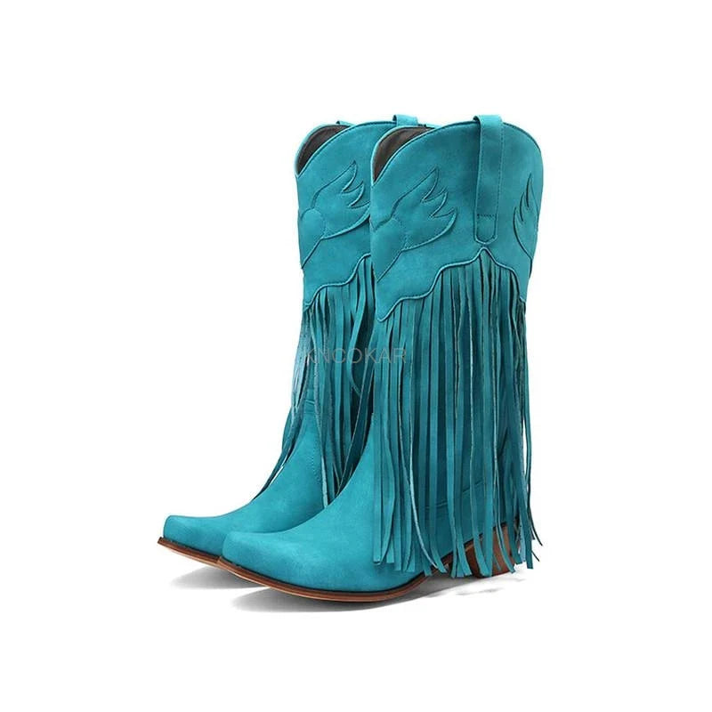 Nouvelles bottes de cowboy rétro ethniques pour femmes avec pompon à talon moyen, chaussures d'hiver pour femmes