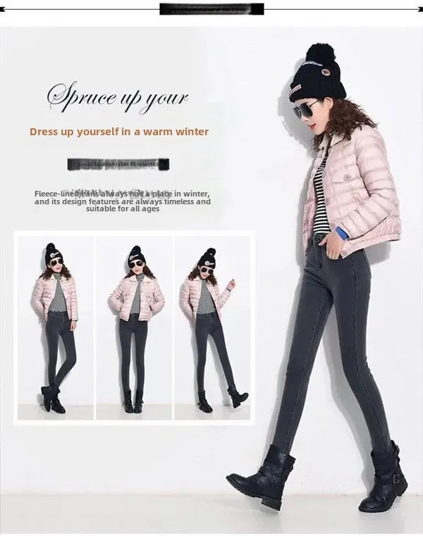 WinterFleece-Lined Thickened High-Waisted Jeans Women's Korean Style Black Slimming Trousers Student Elastic Long Pants