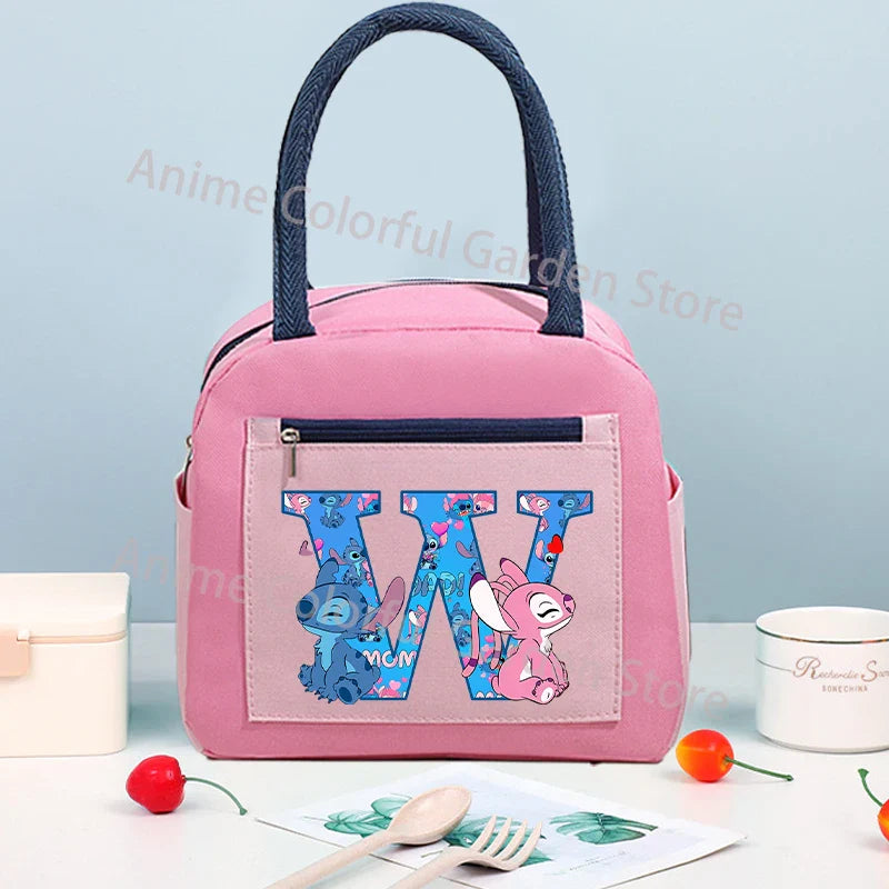 Anime Stitch High-capacity Lunch Bag Cartoon Letter A-Z Printed Insulated Box Picnic Portable Food Keep Fresh Handbag Bento Bags