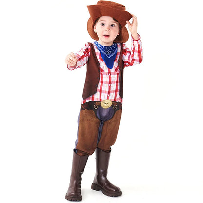 2024 Cowboy  Costume  Western Cow Vestboy Printed Bodysuit Halloween Sheriff Stage Performance Costume