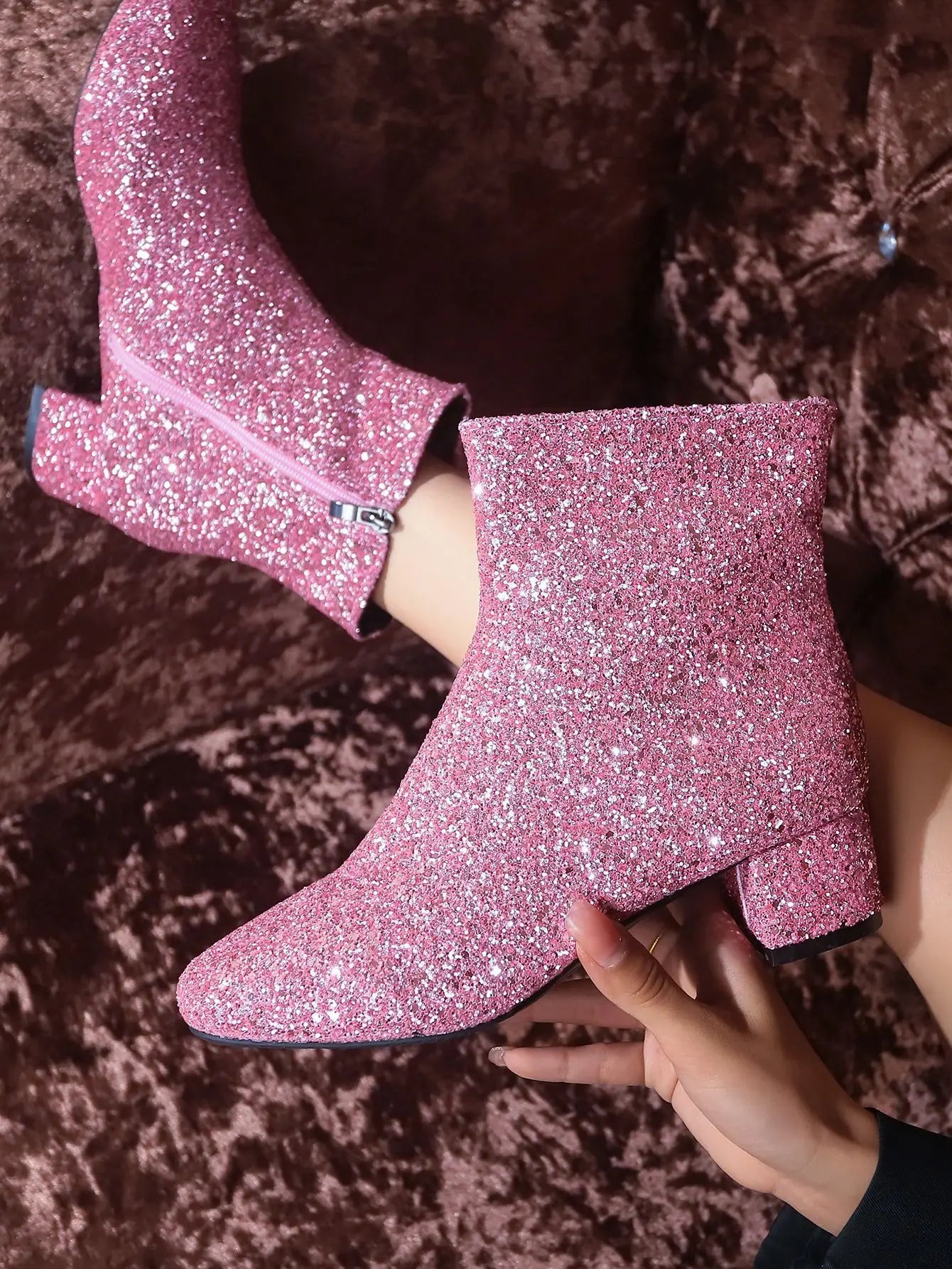 Boots Women Christmas Glitter Zipper Chunky Heel Ankle Boot Sequins Round Toe Chunky Heels Ankle Boots Party Shoes for Women