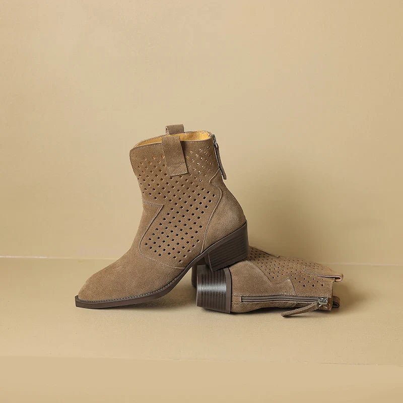 2025 Spring Autumn Chelsea Boots for Woman Cow Suede Pointy Toe Wedge Heel Ankle Boots Cutouts Comfortable Cowboy Boots Female