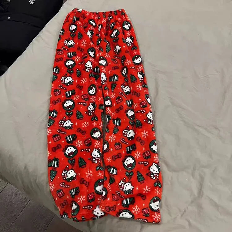 Sanrio Hello Kitty Pajamas Christmas Hello Kitty Flannel Pants Winter Warmth Pajamas Home Pants In Autumn Winter Fashion Trous